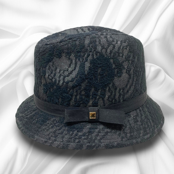 Vintage Y2K Liz Claiborne NY Black Lace Fedora Hat Tall Crown O/S Millenium Chic main image 7